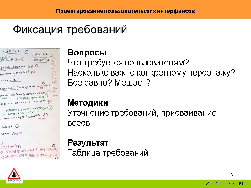 64 Проектирование пользовательских интерфейсов ИТ МГППУ 2009 г. Фиксация требований Вопросы Что требуется пользователям? 64 Проектирование пользовательских интерфейсов ИТ МГППУ 2009 г. Фиксация требований Вопросы Что требуется пользователям?